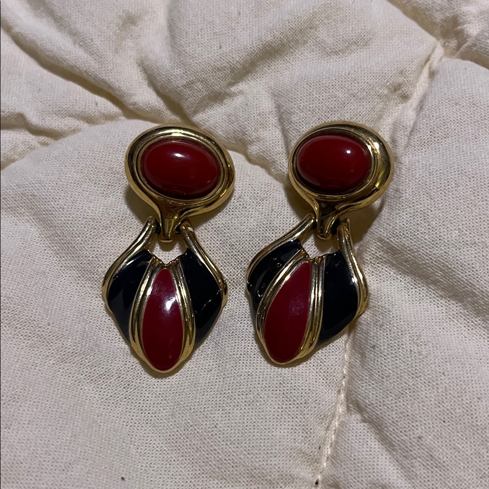 Vintage Monet Red and Black Gold-Tone Earrings